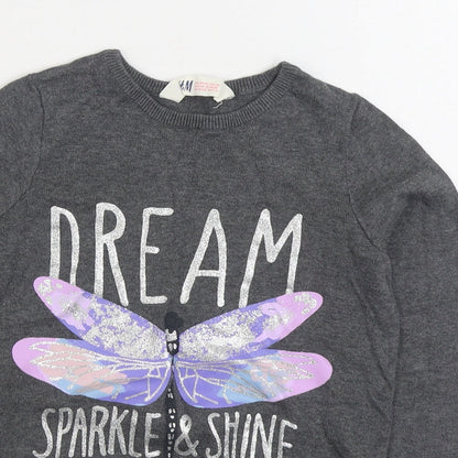 H&M Girls Grey Round Neck 100% Cotton Pullover Jumper Size 9-10 Years Pullover