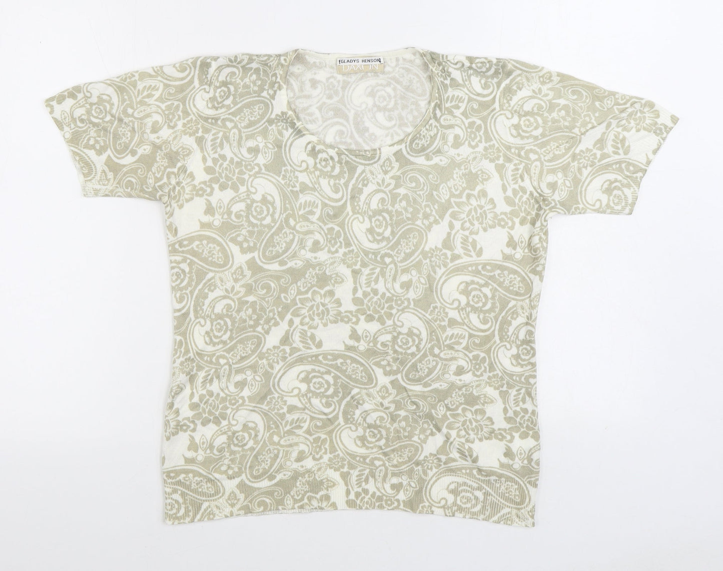 Daxon Womens Beige Geometric Acrylic Basic T-Shirt Size 14 Scoop Neck