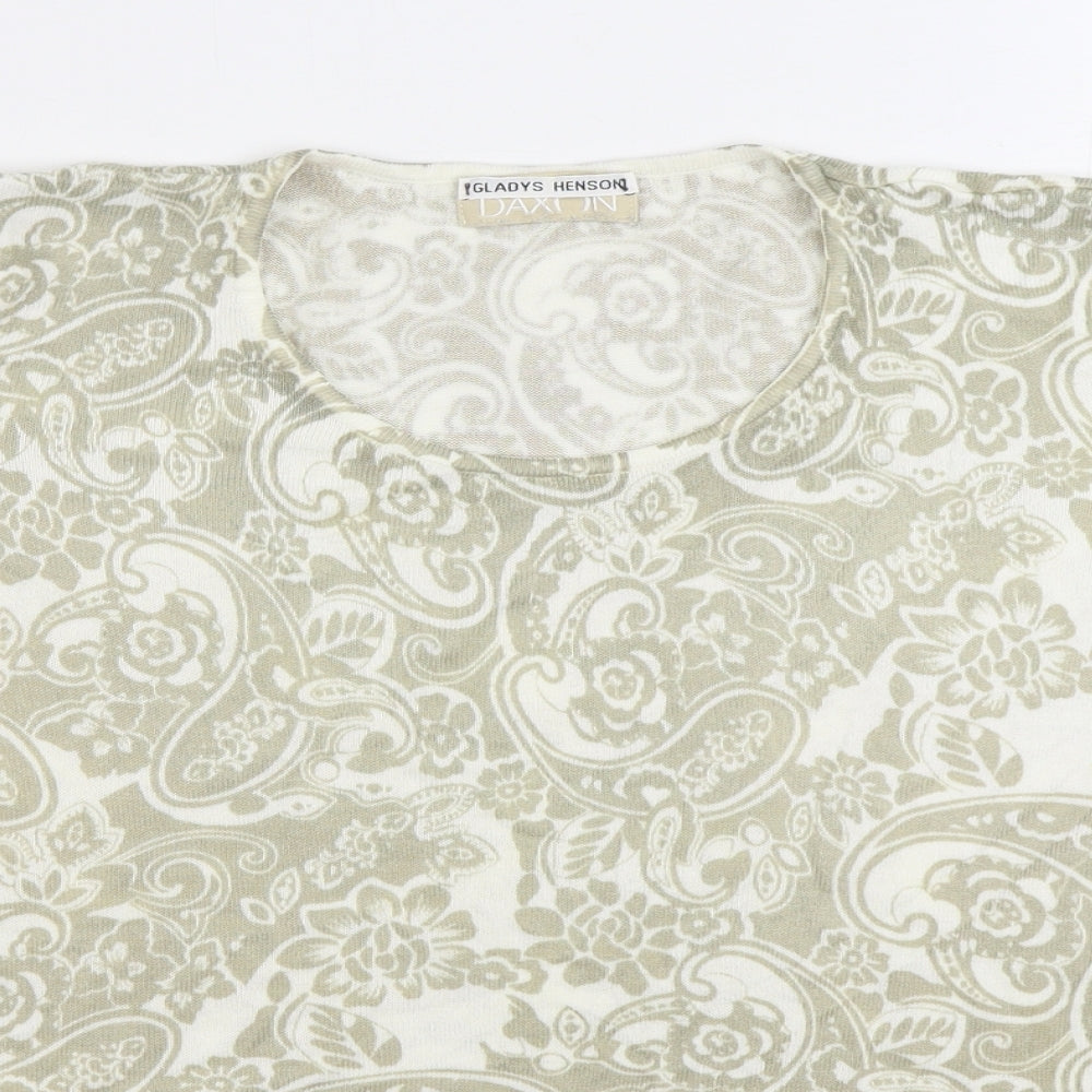 Daxon Womens Beige Geometric Acrylic Basic T-Shirt Size 14 Scoop Neck