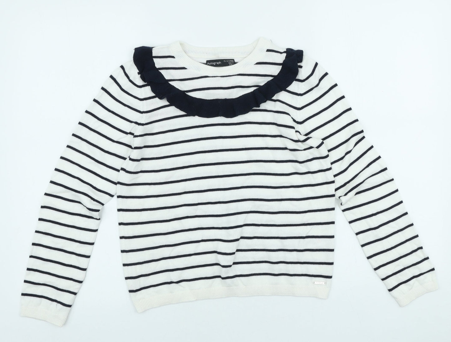 Autograph` Girls White Striped Viscose Basic Casual Size 10-11 Years Round Neck