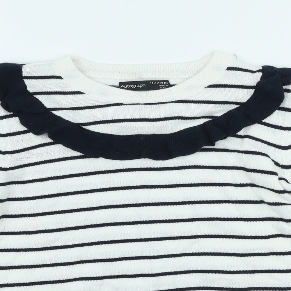 Autograph` Girls White Striped Viscose Basic Casual Size 10-11 Years Round Neck