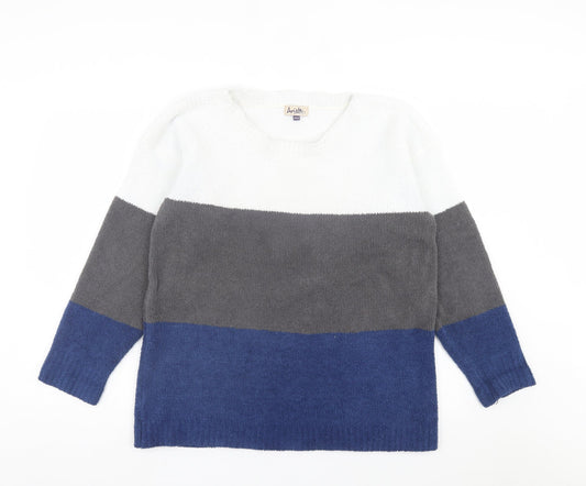 arista Womens Blue Crew Neck Striped Polyester Pullover Jumper Size 18