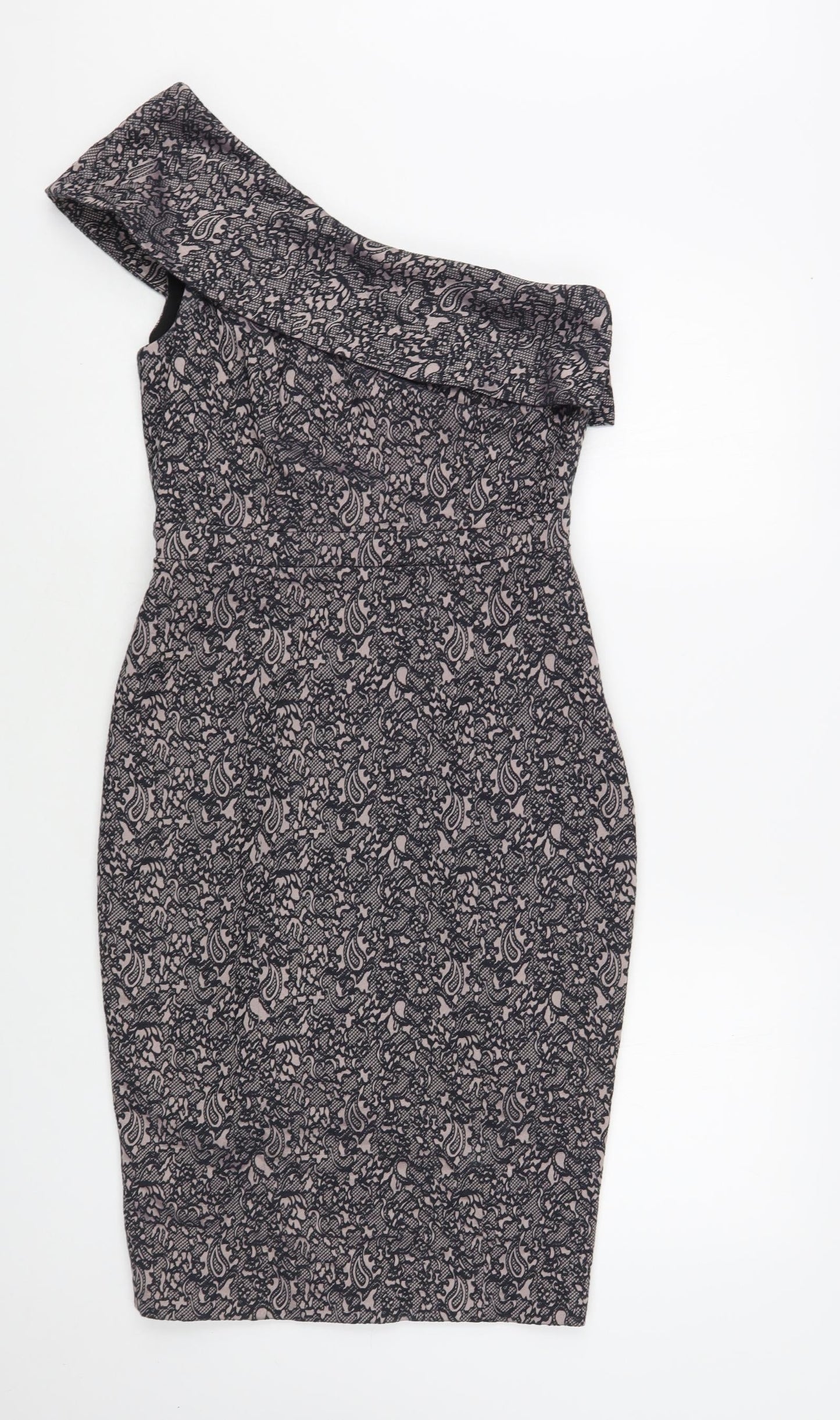 NEXT Womens Pink Floral Viscose Pencil Dress Size 8 One Shoulder Zip - Lace Overlay