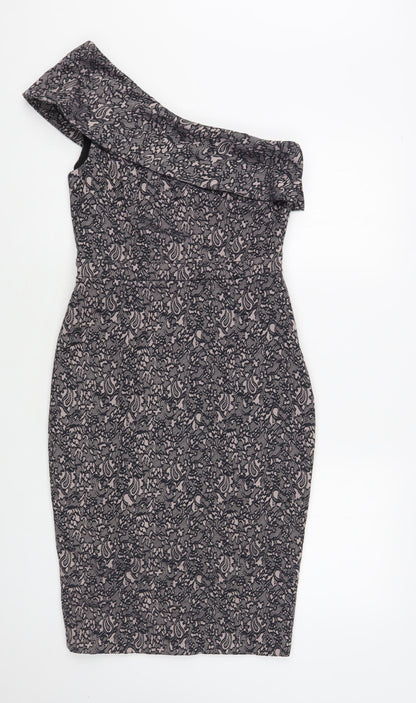 NEXT Womens Pink Floral Viscose Pencil Dress Size 8 One Shoulder Zip - Lace Overlay