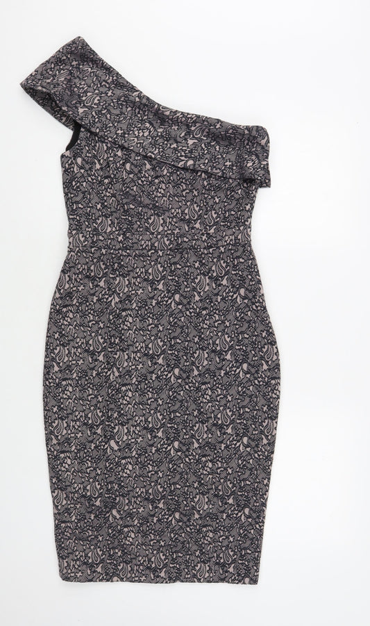 NEXT Womens Pink Floral Viscose Pencil Dress Size 8 One Shoulder Zip - Lace Overlay