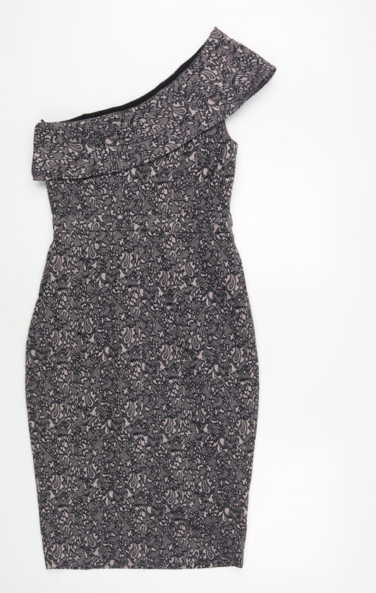 NEXT Womens Pink Floral Viscose Pencil Dress Size 8 One Shoulder Zip - Lace Overlay