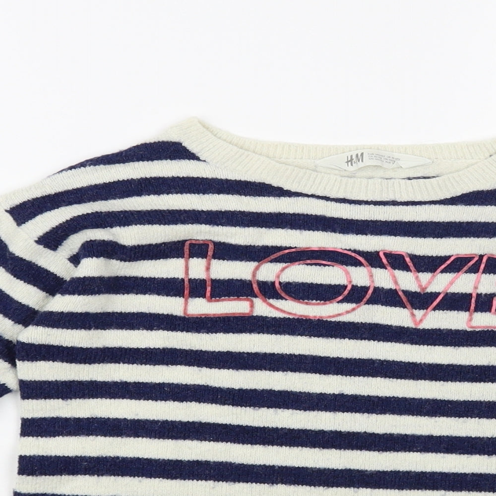 H&M Girls Ivory Crew Neck Striped Acrylic Pullover Jumper Size 10-11 Years Pullover - Love