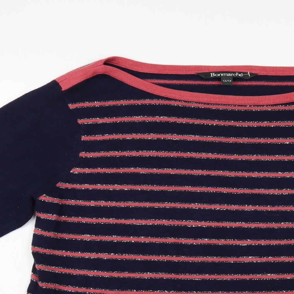 Bonmarché Womens Blue Boat Neck Striped Cotton Pullover Jumper Size 12