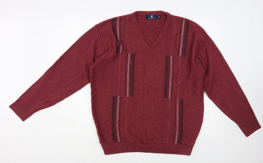 Carson Mens Purple V-Neck Geometric Cotton Pullover Jumper Size M