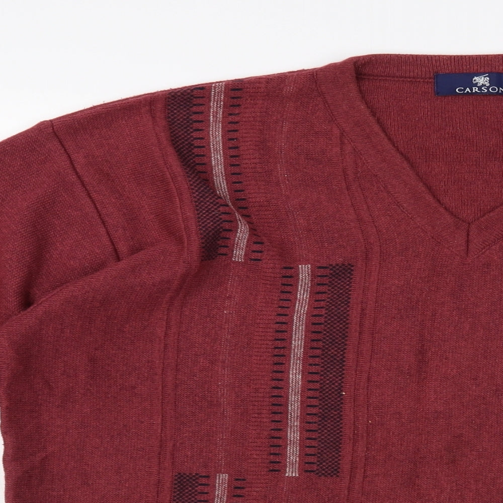 Carson Mens Purple V-Neck Geometric Cotton Pullover Jumper Size M