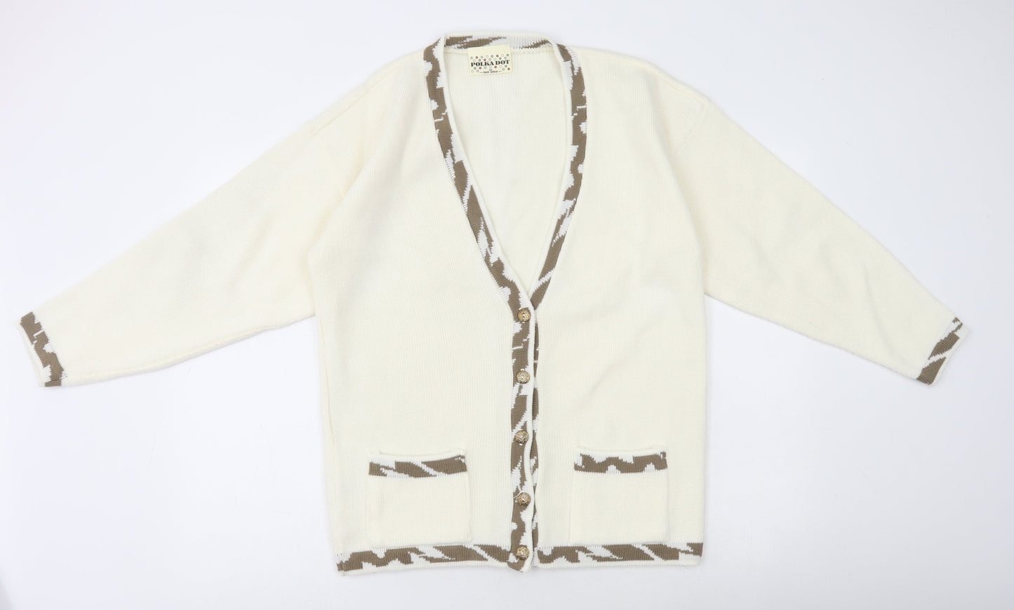 Polkadot Womens Ivory V-Neck Acrylic Pullover Jumper Size L