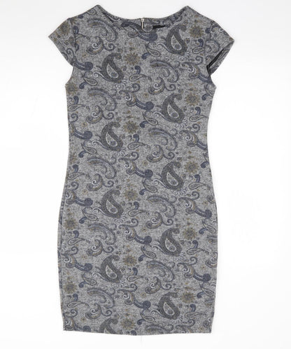 Izabel London Womens Grey Paisley Polyester Pencil Dress Size 10 Round Neck Zip