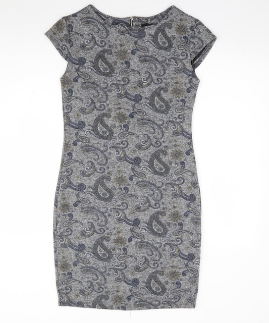 Izabel London Womens Grey Paisley Polyester Pencil Dress Size 10 Round Neck Zip