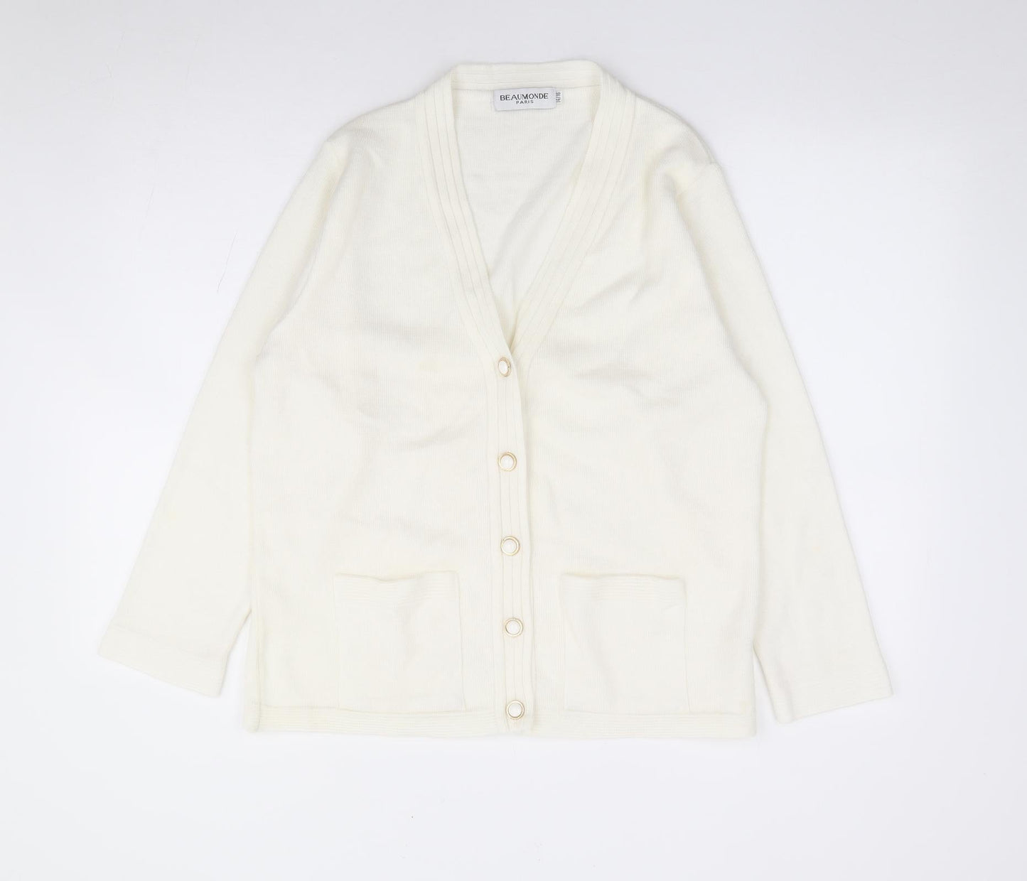 Beaumonde Paris Womens Ivory V-Neck Acrylic Cardigan Jumper Size 14