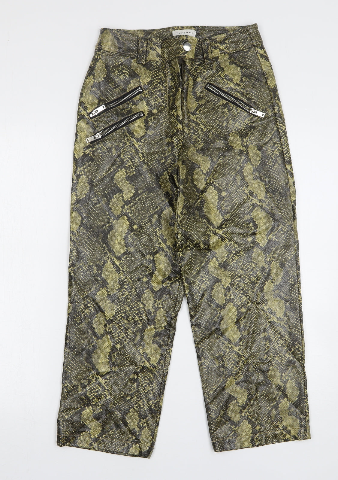 Topshop Womens Green Animal Print Polyurethane Cropped Jeans Size 8 L24 in Regular - Leather Look