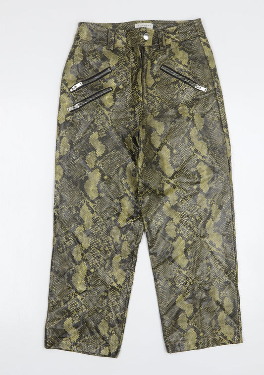 Topshop Womens Green Animal Print Polyurethane Cropped Jeans Size 8 L24 in Regular - Leather Look