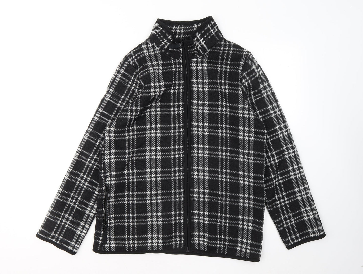 TU Womens Black Round Neck Plaid Polyester Full Zip Jumper Size 14