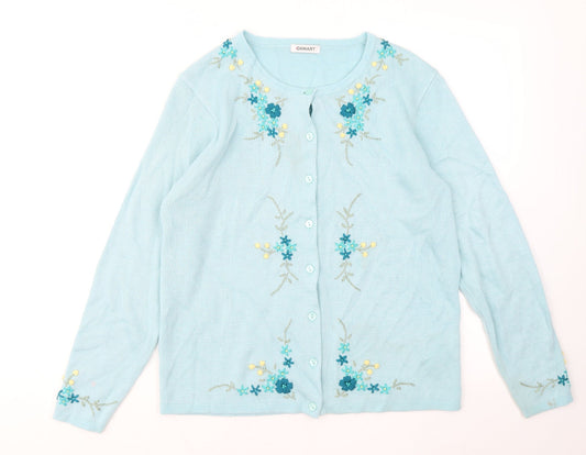 Damart Womens Blue Round Neck Floral Acrylic Cardigan Jumper Size 10