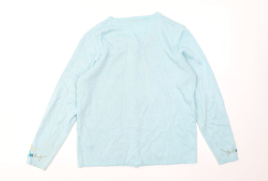Damart Womens Blue Round Neck Floral Acrylic Cardigan Jumper Size 10