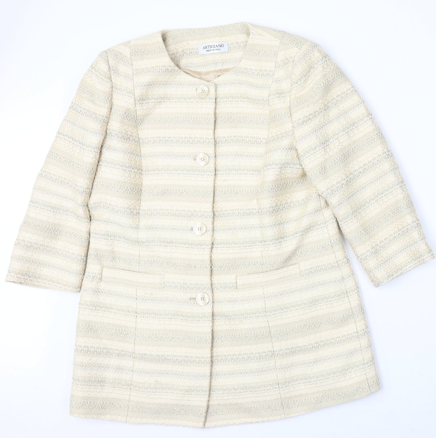 Artigiano Womens Yellow Striped Jacket Coat Size 14 Button