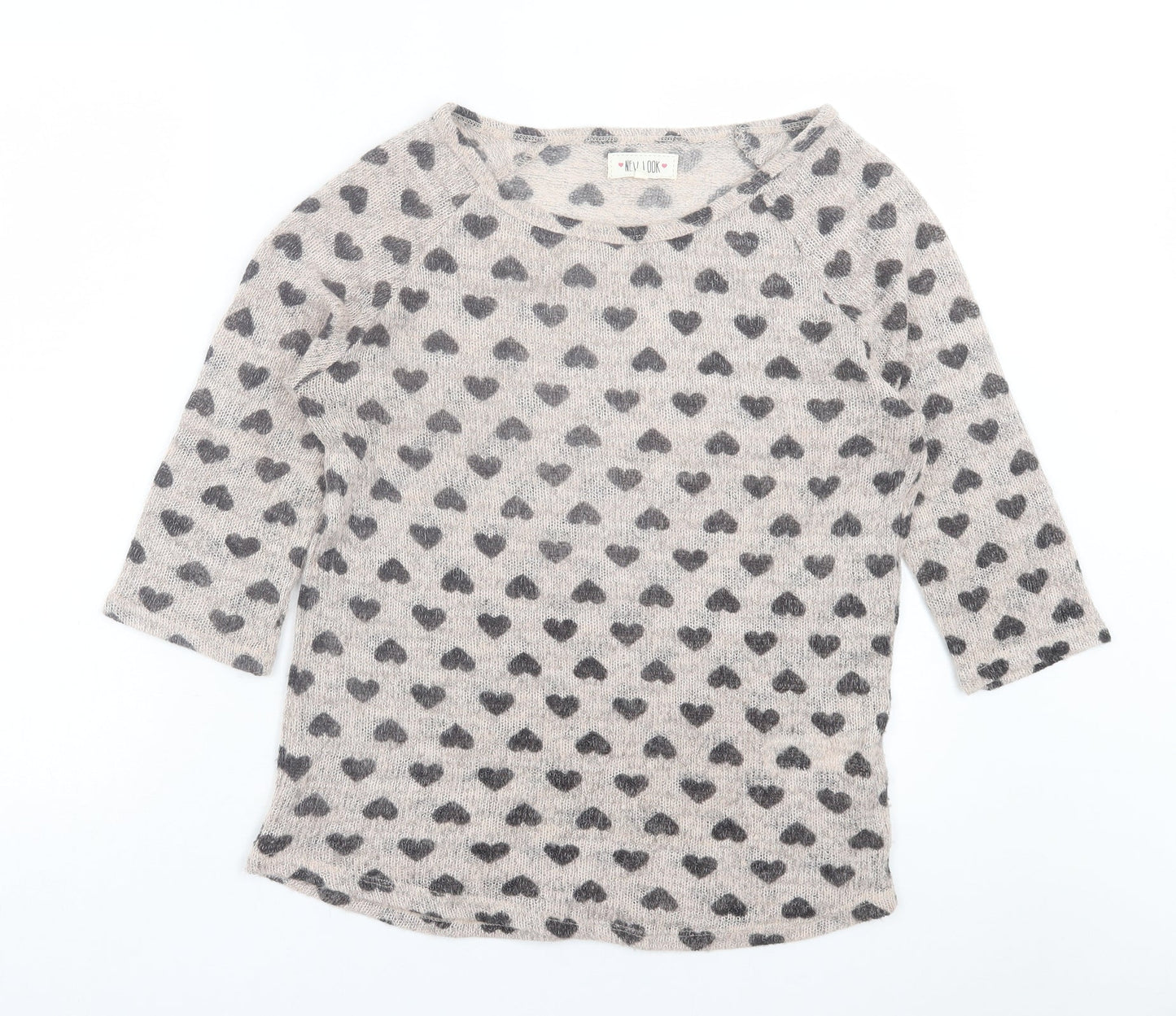 New Look Womens Beige Geometric Polyester Basic T-Shirt Size 14 Off the Shoulder