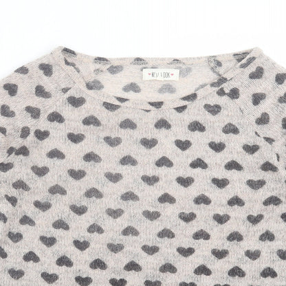 New Look Womens Beige Geometric Polyester Basic T-Shirt Size 14 Off the Shoulder
