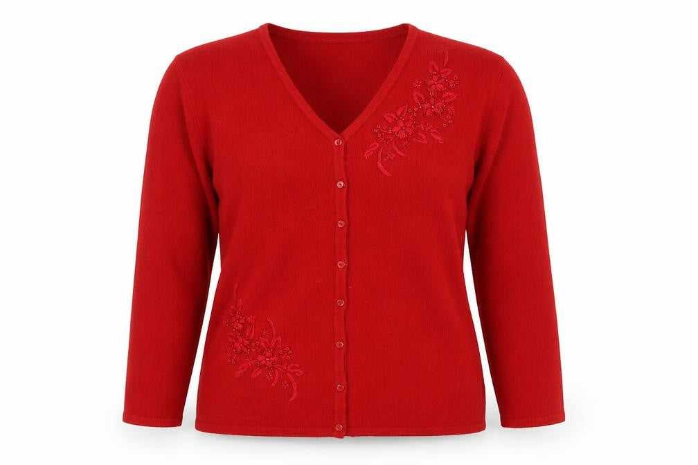 Casamia Womens Red V-Neck Floral Acrylic Cardigan Jumper Size M - M/L