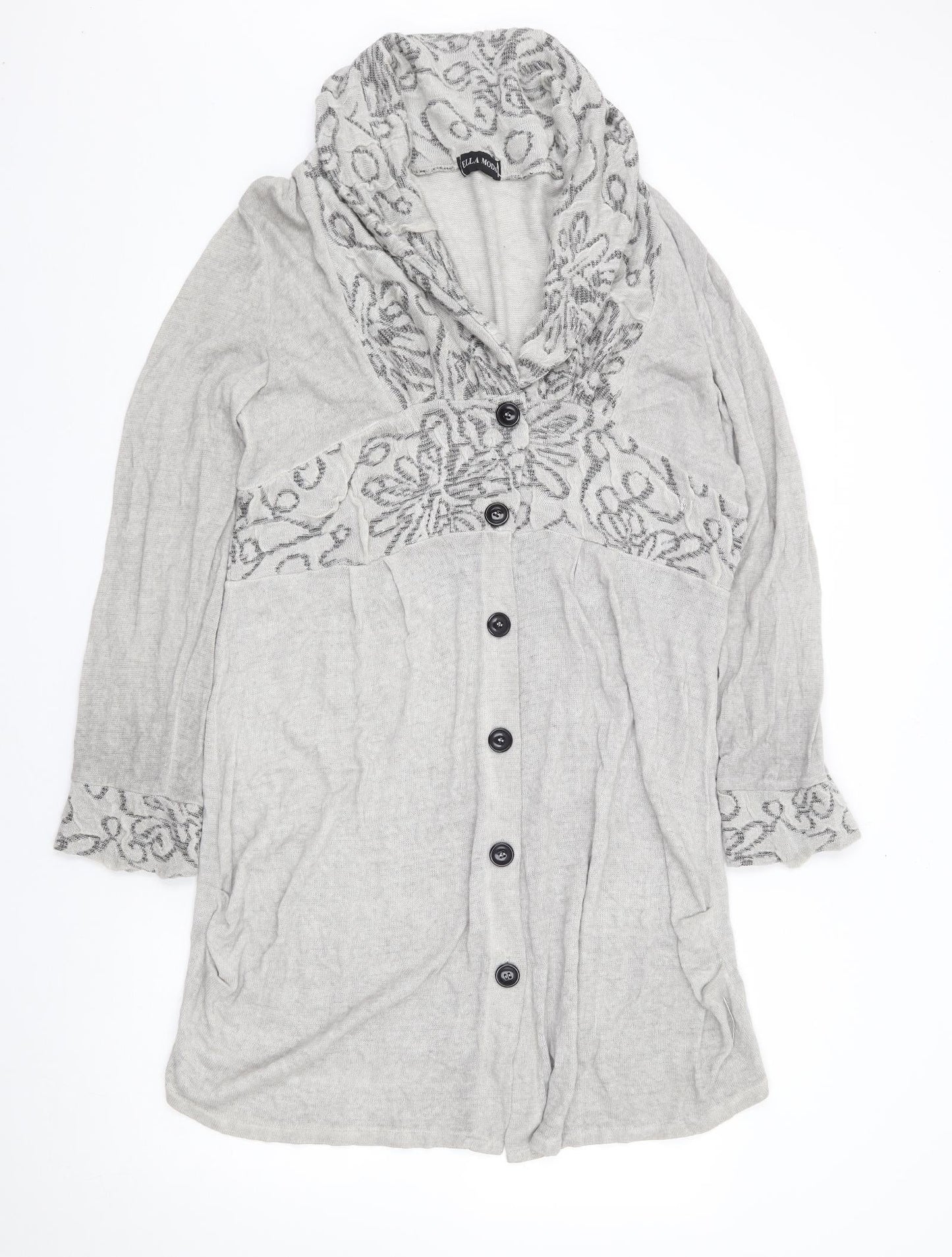 Ella Moda Womens Grey V-Neck Geometric Acrylic Cardigan Jumper Size L