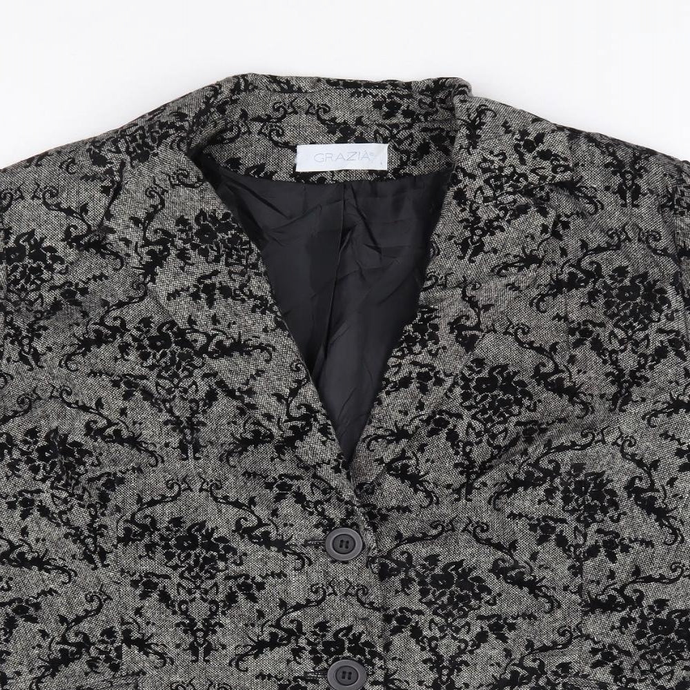 Grazia Womens Black Floral Polyester Jacket Suit Jacket Size 14