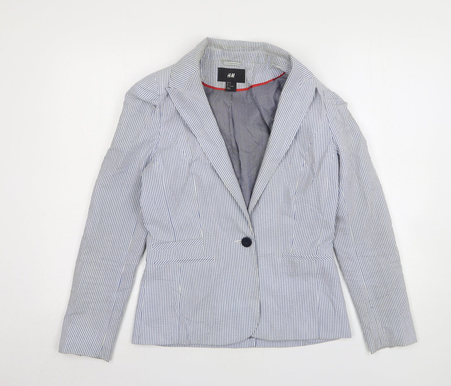 H&M Womens Blue Striped Polyester Jacket Suit Jacket Size 10