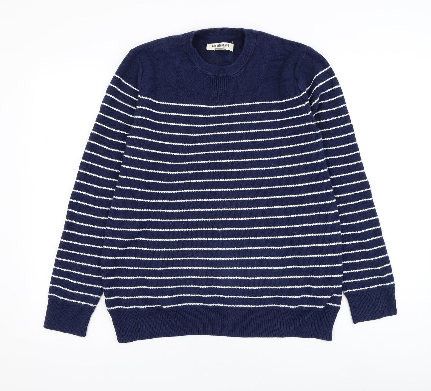 Good Threads Mens Blue Round Neck Striped Cotton Pullover Jumper Size S