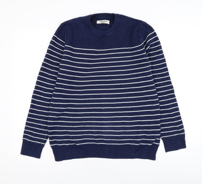 Good Threads Mens Blue Round Neck Striped Cotton Pullover Jumper Size S