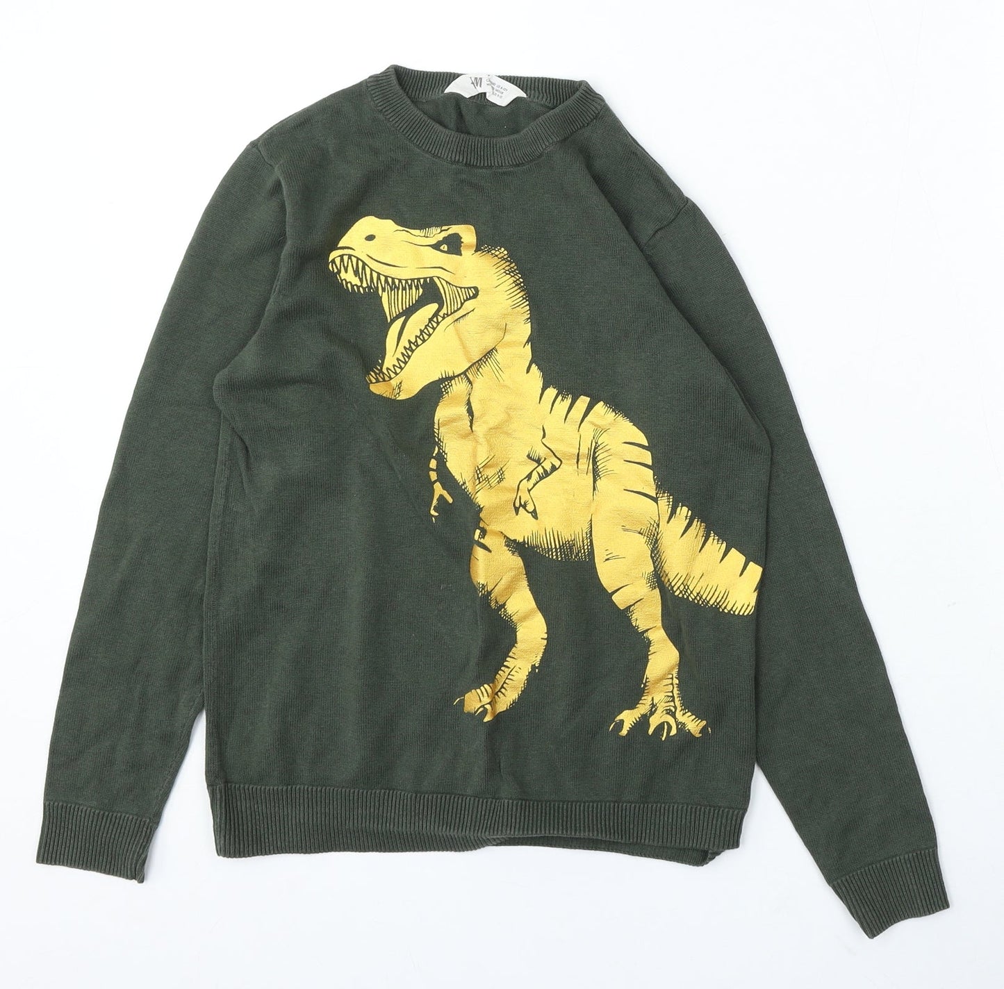 H&M Boys Green Cotton Pullover Sweatshirt Size 9-10 Years - dinosaur
