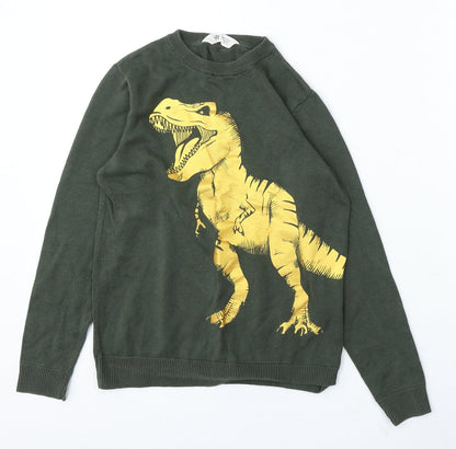 H&M Boys Green Cotton Pullover Sweatshirt Size 9-10 Years - dinosaur