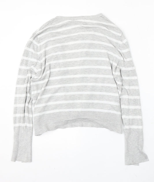 Primark Womens Grey Round Neck Striped Viscose Cardigan Jumper Size 12
