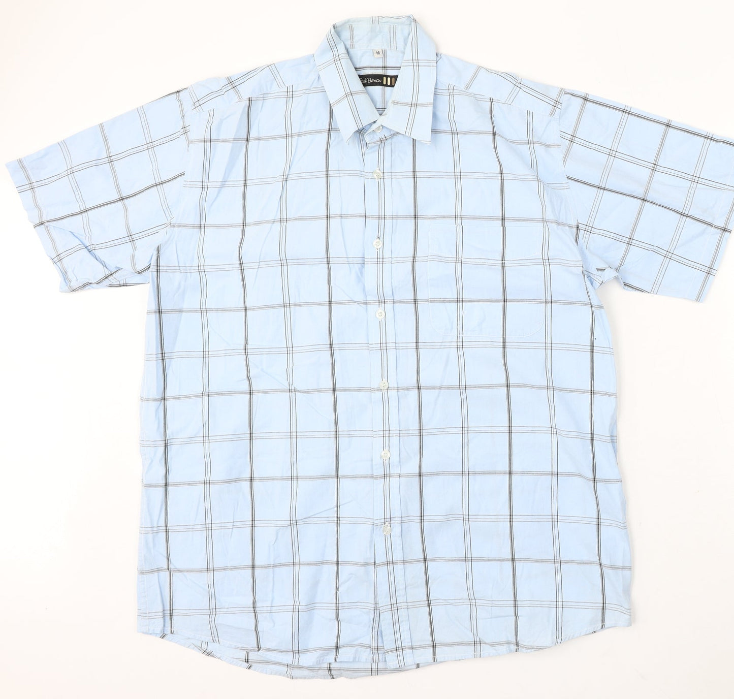 Paul Berman Mens Blue Check Polyester Polo Size M Collared Button