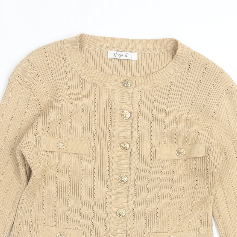 Yoyo S Womens Brown Crew Neck Cotton Cardigan Jumper Size 14