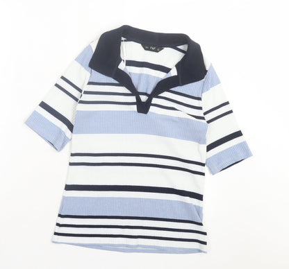 F&F Womens Blue Striped Polyester Basic Polo Size 10 V-Neck