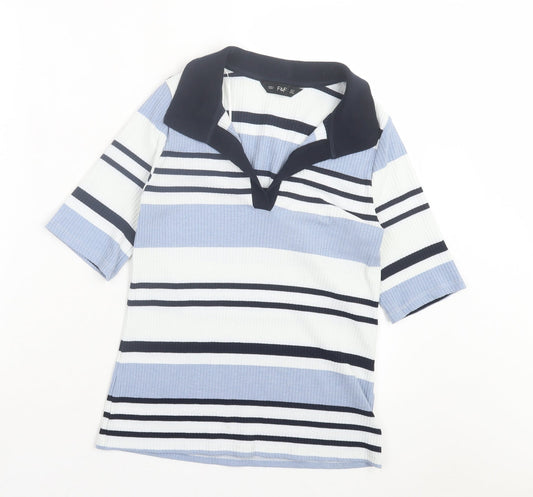 F&F Womens Blue Striped Polyester Basic Polo Size 10 V-Neck