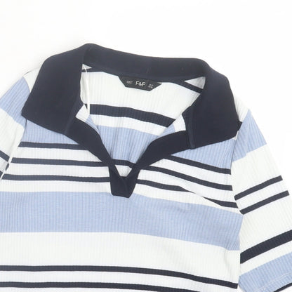 F&F Womens Blue Striped Polyester Basic Polo Size 10 V-Neck