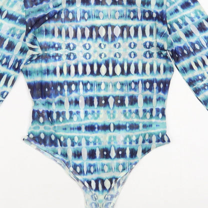Skinny Dip Womens Blue Geometric Polyester Bodysuit One-Piece Size M Snap