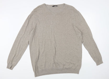 George Mens Beige V-Neck Cotton Pullover Jumper Size XL