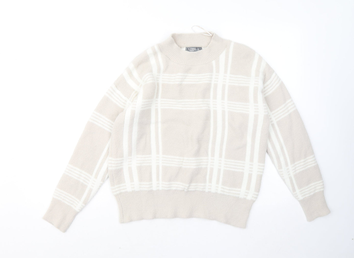 Nutmeg Womens Beige Mock Neck Plaid Nylon Pullover Jumper Size 10