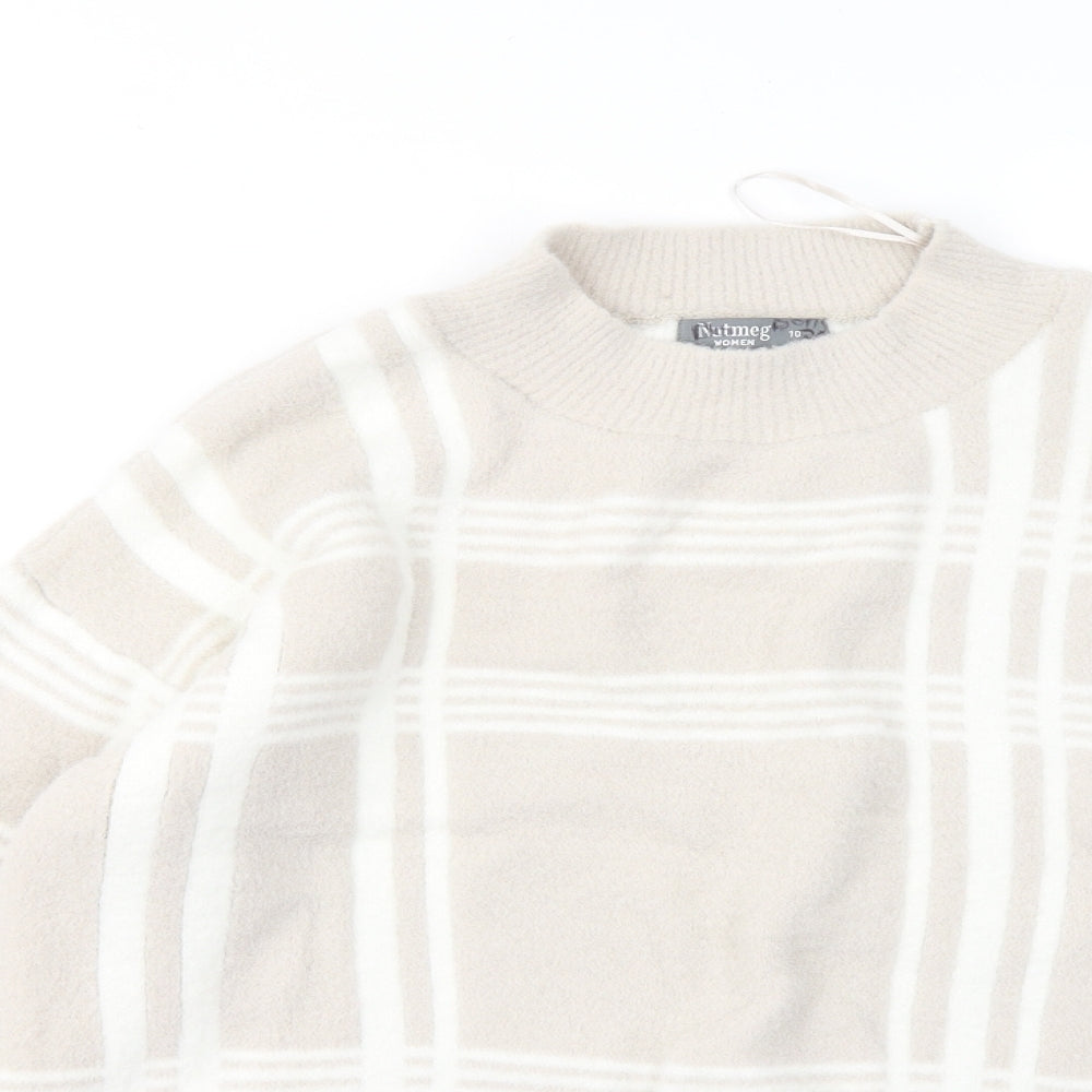 Nutmeg Womens Beige Mock Neck Plaid Nylon Pullover Jumper Size 10