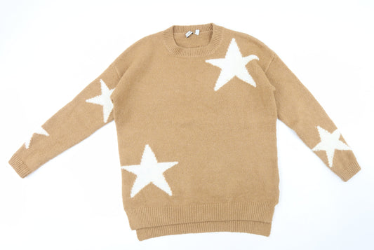 Capsule Womens Beige Round Neck Geometric Acrylic Pullover Jumper Size 8 - Stars