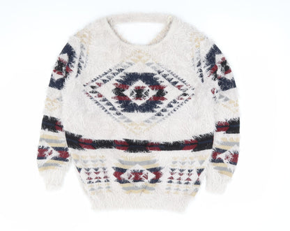 Golden Live Womens Multicoloured Round Neck Geometric Acrylic Pullover Jumper Size S - Fluffy