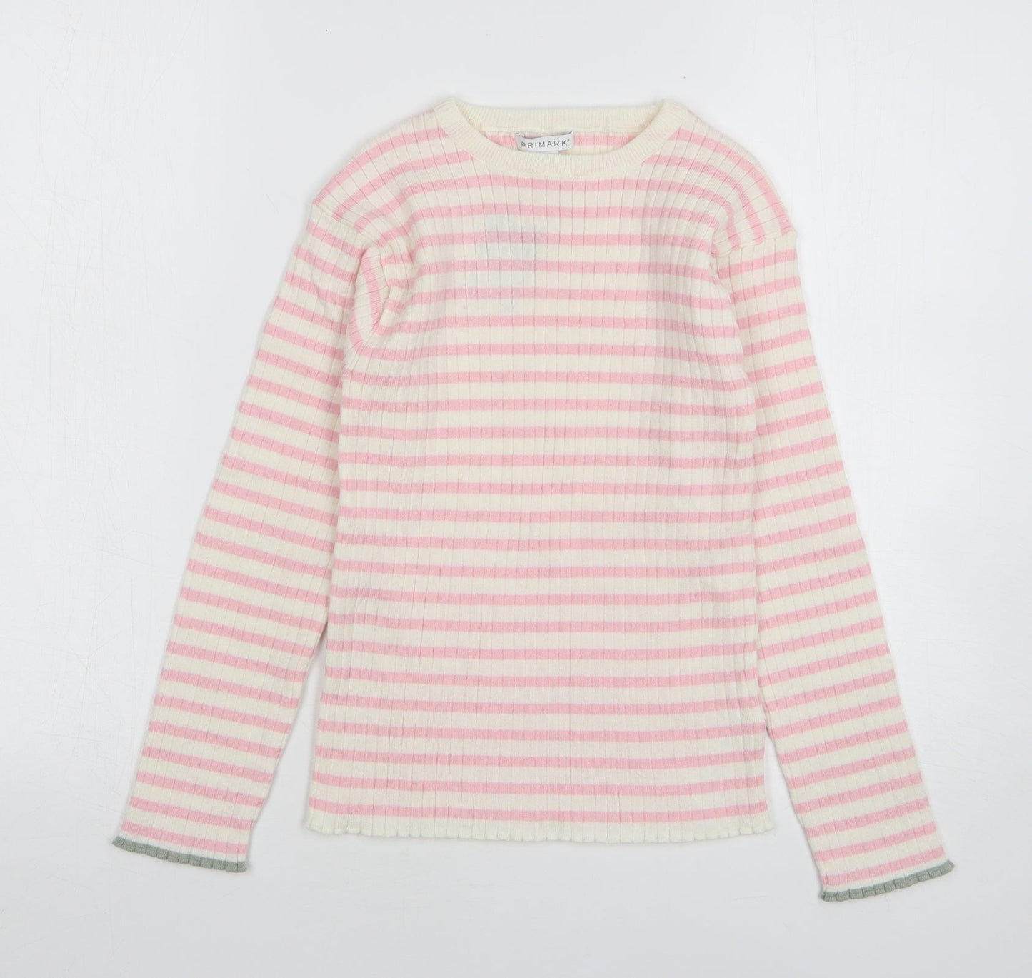 Primark Girls Pink Round Neck Striped Polyester Pullover Jumper Size 10-11 Years