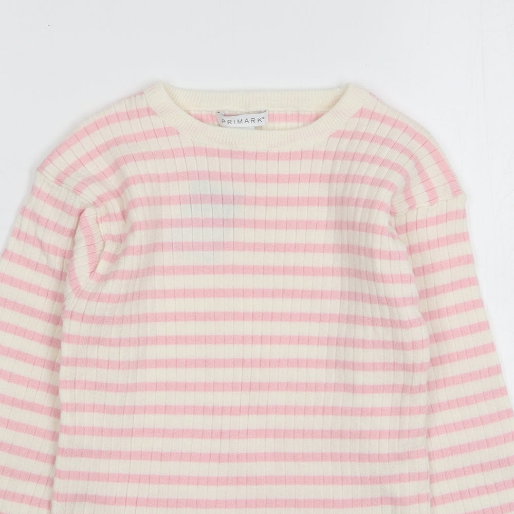 Primark Girls Pink Round Neck Striped Polyester Pullover Jumper Size 10-11 Years