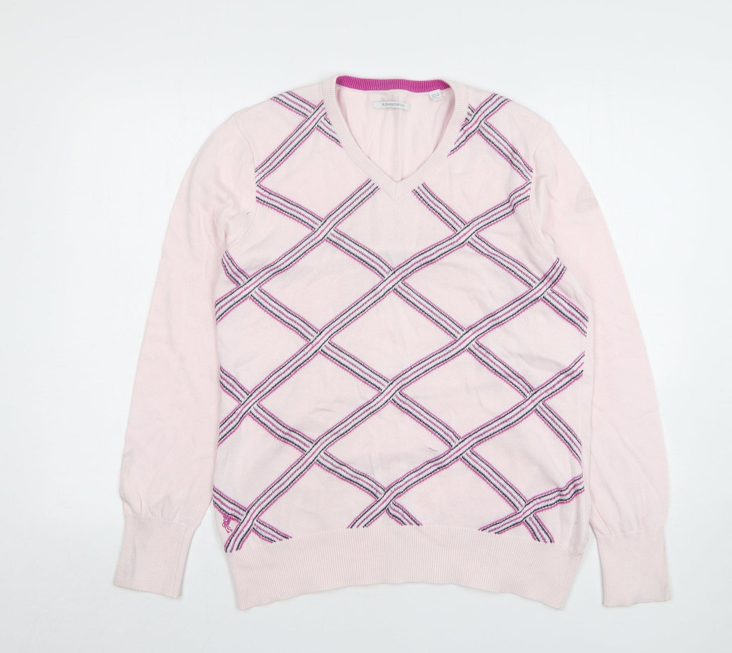 Ashworth Womens Pink V-Neck Argyle/Diamond Cotton Pullover Jumper Size L