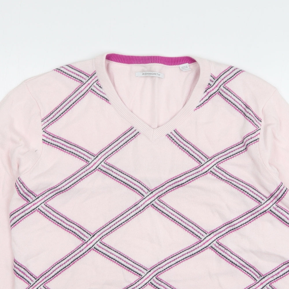 Ashworth Womens Pink V-Neck Argyle/Diamond Cotton Pullover Jumper Size L